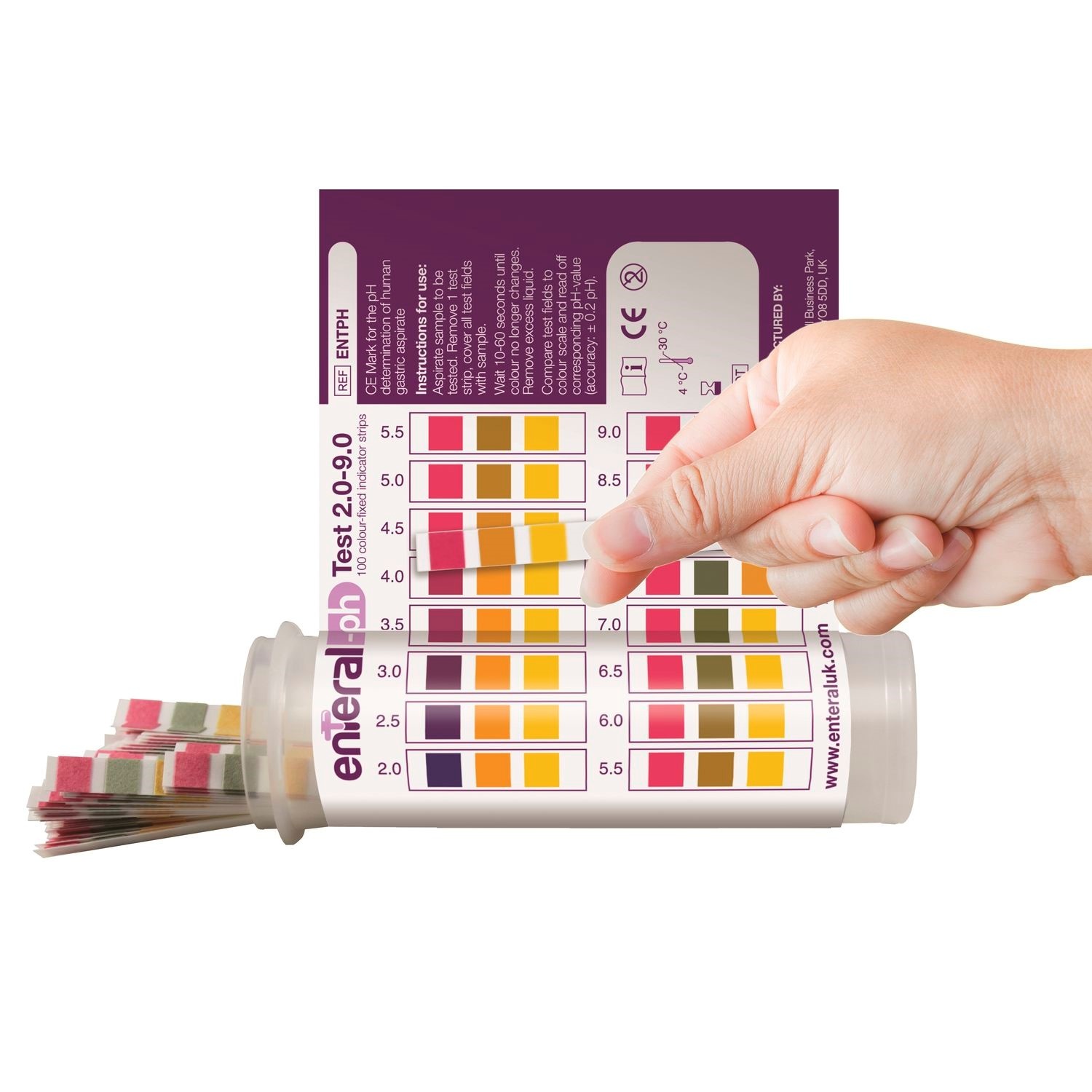 The pH strip will turn different colours depending on what the pH level is