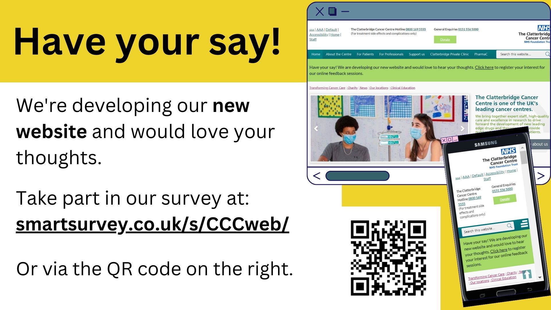 Graphic saying to take part in our website survey - the link and QR code are included in the main story.
