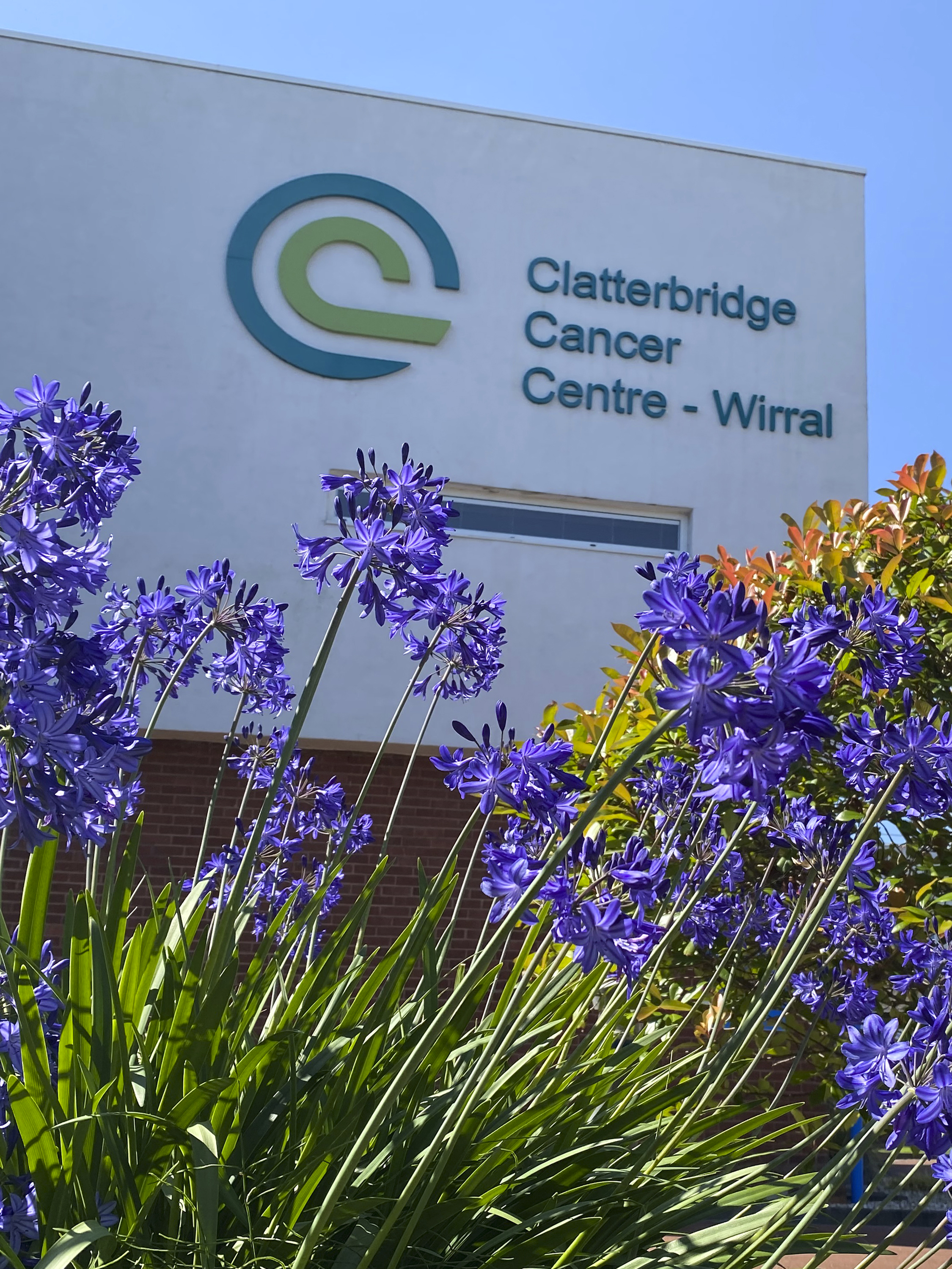Picture of exterior of Clatterbridge Cancer Centre - Wirral in summer with purple flowers in bloom in front of the hospital signage 