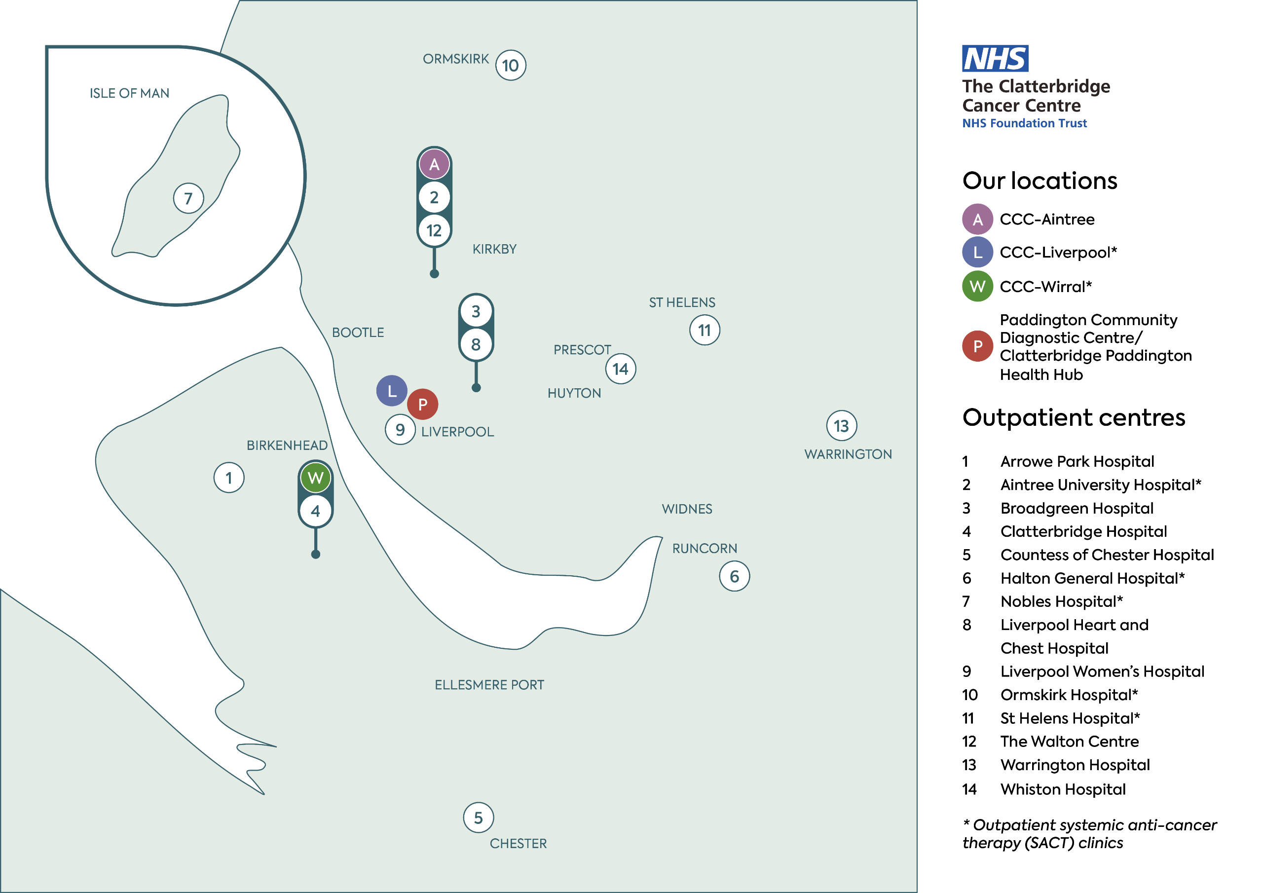 Map showing the Trust has clinics and hospitals across Cheshire and Merseyside