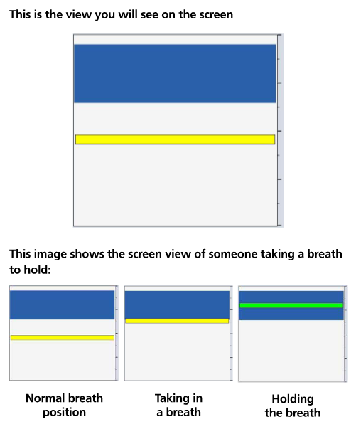 There is a blue box at the top of the screen and a yellow line that starts at the bottom and moves up to the blue box. When it moves into the blue box, the yellow line turns green 