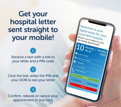 image of mobile phone in a person's hand with the headline 'Get your hospital letter sent straight to your mobile!'