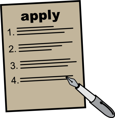 Cartoon of a pen and a piece of paper with writing on it. It says 'apply'
