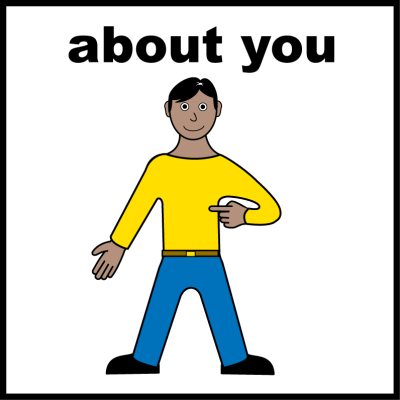 Cartoon image of man pointing at himself. Its says 'About you'