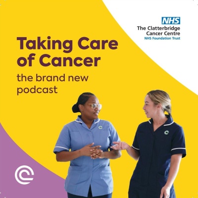 The logo for Take Care of Cancer Podcast - two nurses chat animatedly against a yellow background with the Trust's logos in each corner