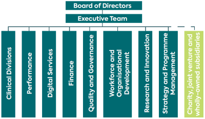 Structure chart showing the Executive Team reports to the Trust Board. Under the executive team, there are different work areas: Clinical divisions, performance, digital services, finance, quality and standards, workforce and organisational development, research and innovation, programme and strategy management. There is a dotted reporting line from charity, joint venture and wholly-owned subsidiaries into the executive team